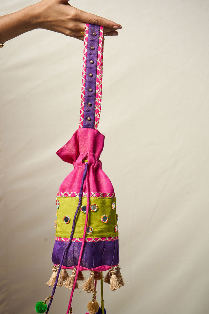 TRI COLOR PINK MIRROR POTLI | SHOBITAM