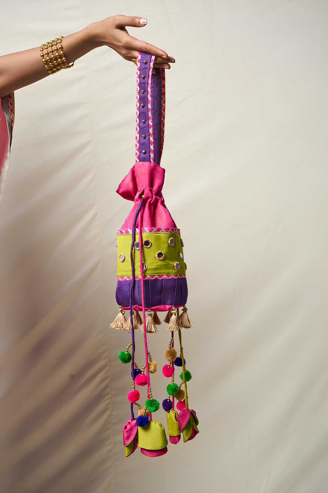 TRI COLOR PINK MIRROR POTLI | SHOBITAM