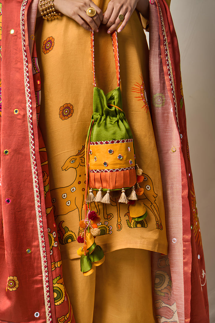 TRI COLOR GREEN MIRROR POTLI | SHOBITAM