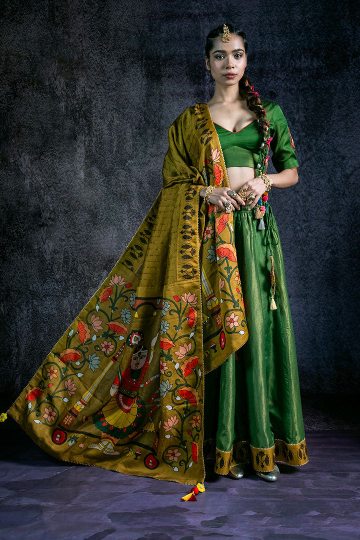 SHRINATHJI DARBAR CHANDERI OLIVE DUPATTA | SHOBITAM