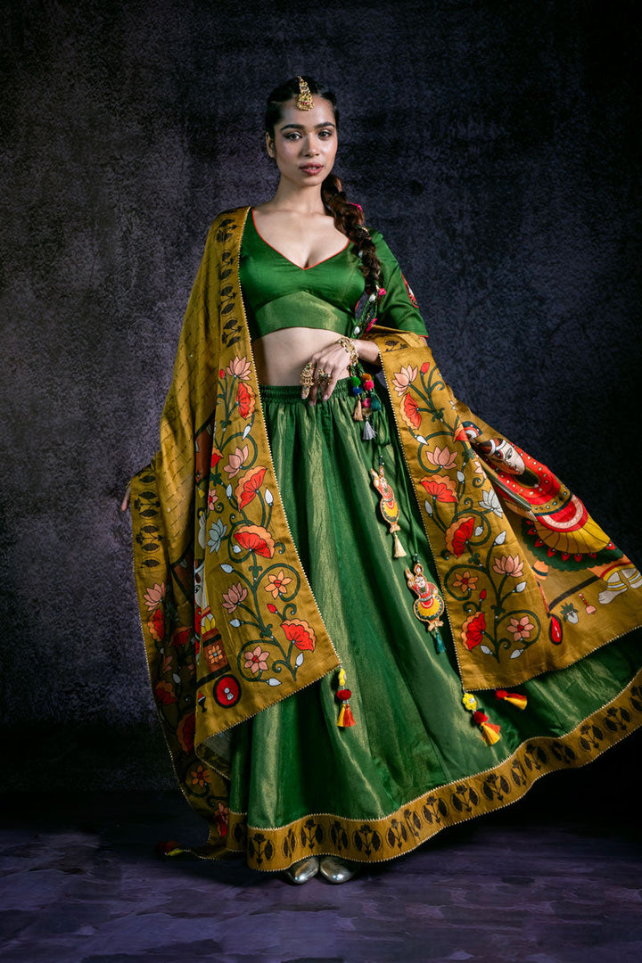 SHRINATHJI DARBAR CHANDERI OLIVE DUPATTA | SHOBITAM