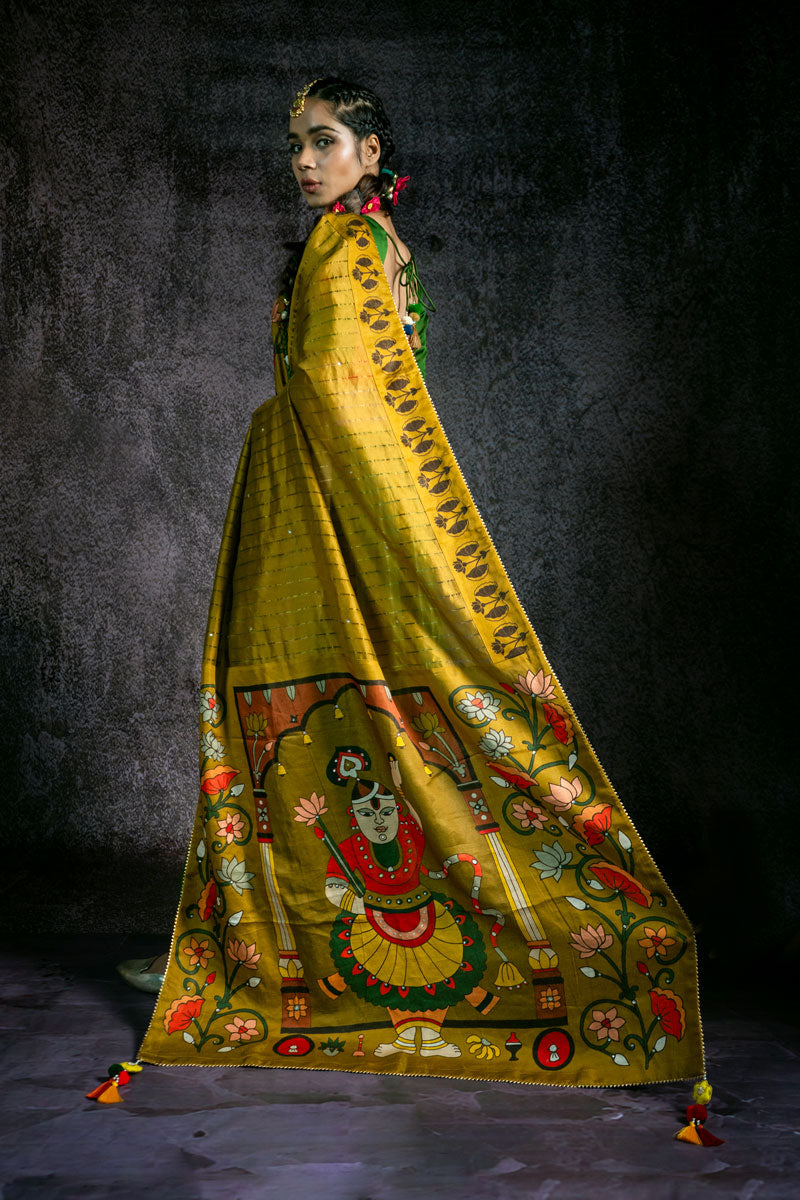 SHRINATHJI DARBAR CHANDERI OLIVE DUPATTA | SHOBITAM