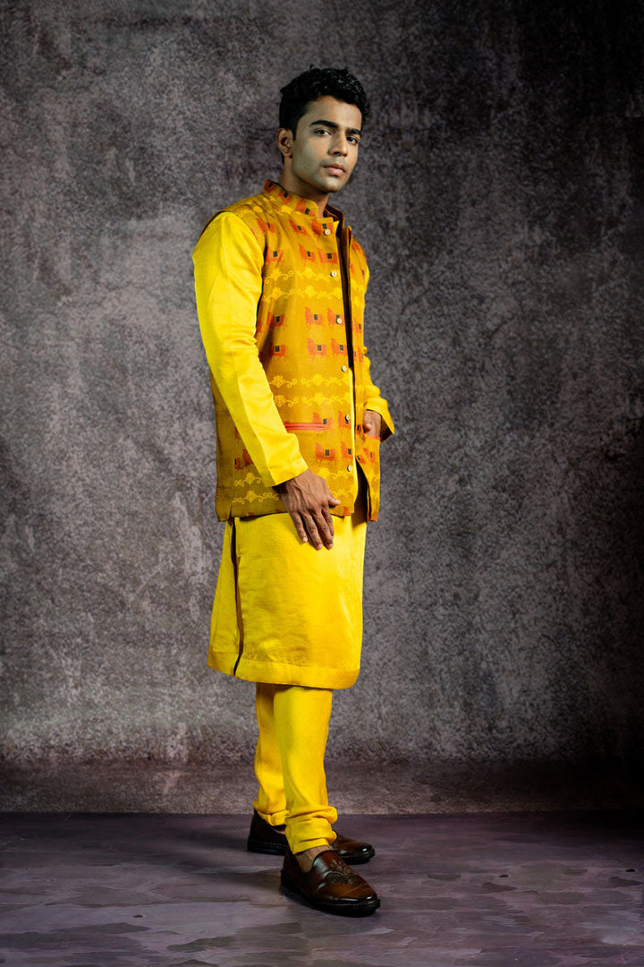 HALDI METALLIC SET OF 3 ( KURTA + CHURIDAR + jACKET ) | SHOBITAM