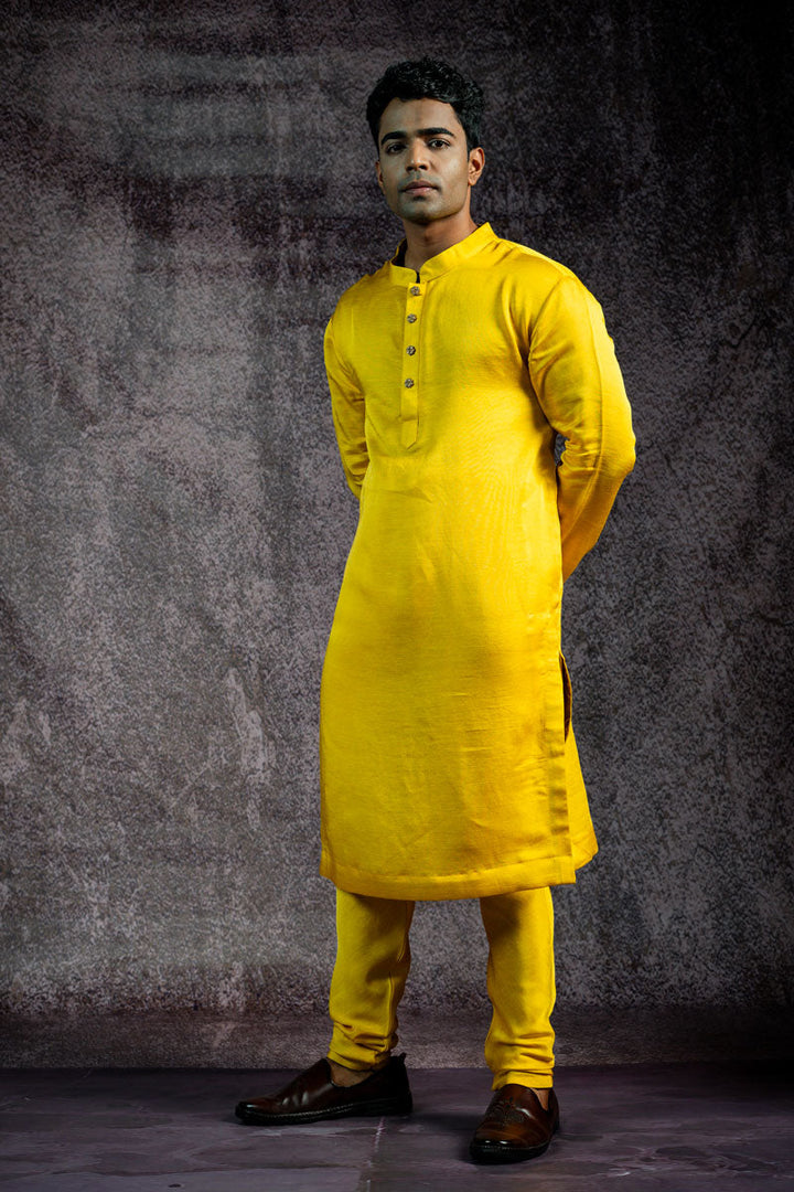 HALDI METALLIC SET OF 3 ( KURTA + CHURIDAR + jACKET ) | SHOBITAM