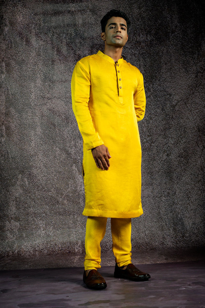 HALDI METALLIC SET OF 3 ( KURTA + CHURIDAR + jACKET ) | SHOBITAM