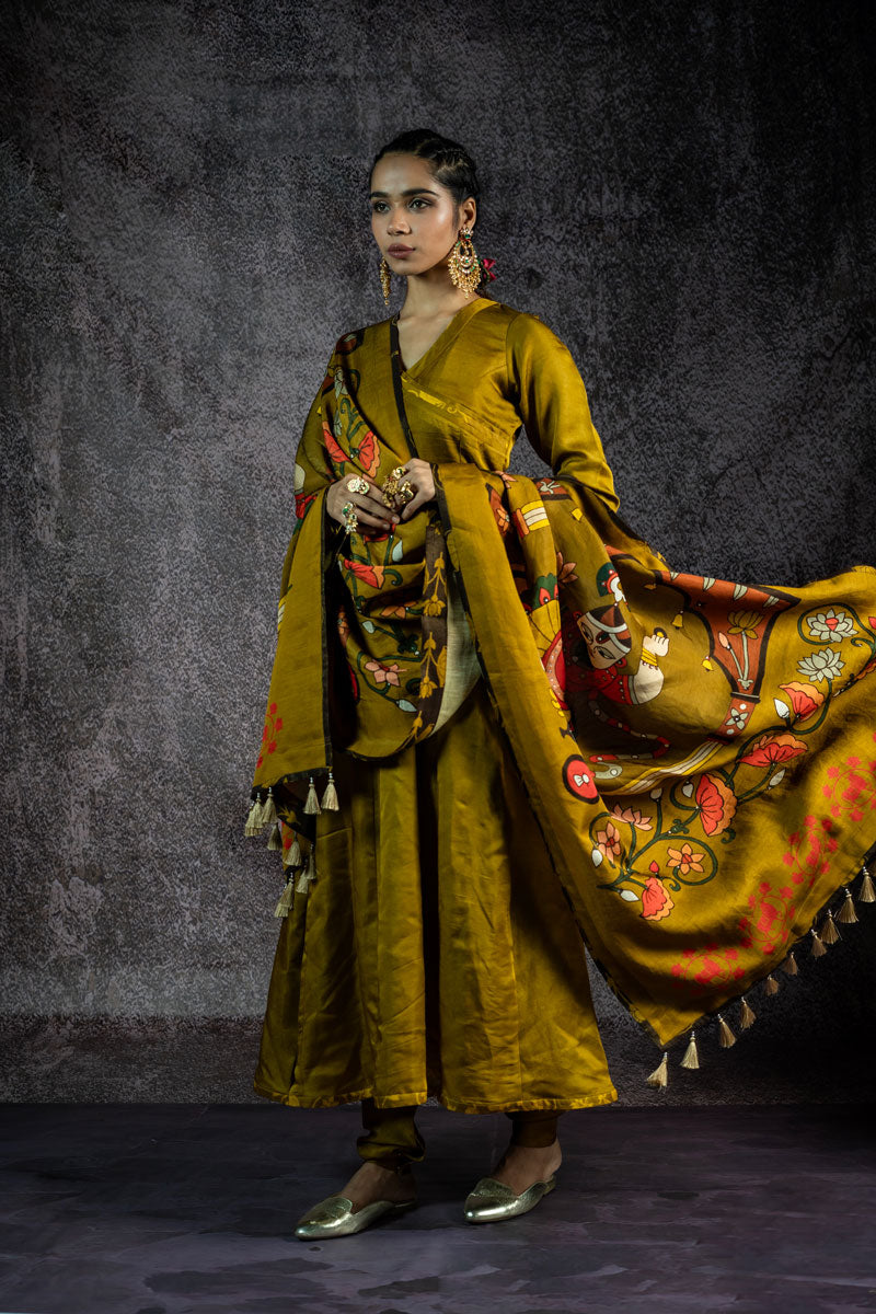 BHAKT ANGARKHA METALLIC OLIVE SET WITH DUPATTA ( SET OF 3 ) | SHOBITAM