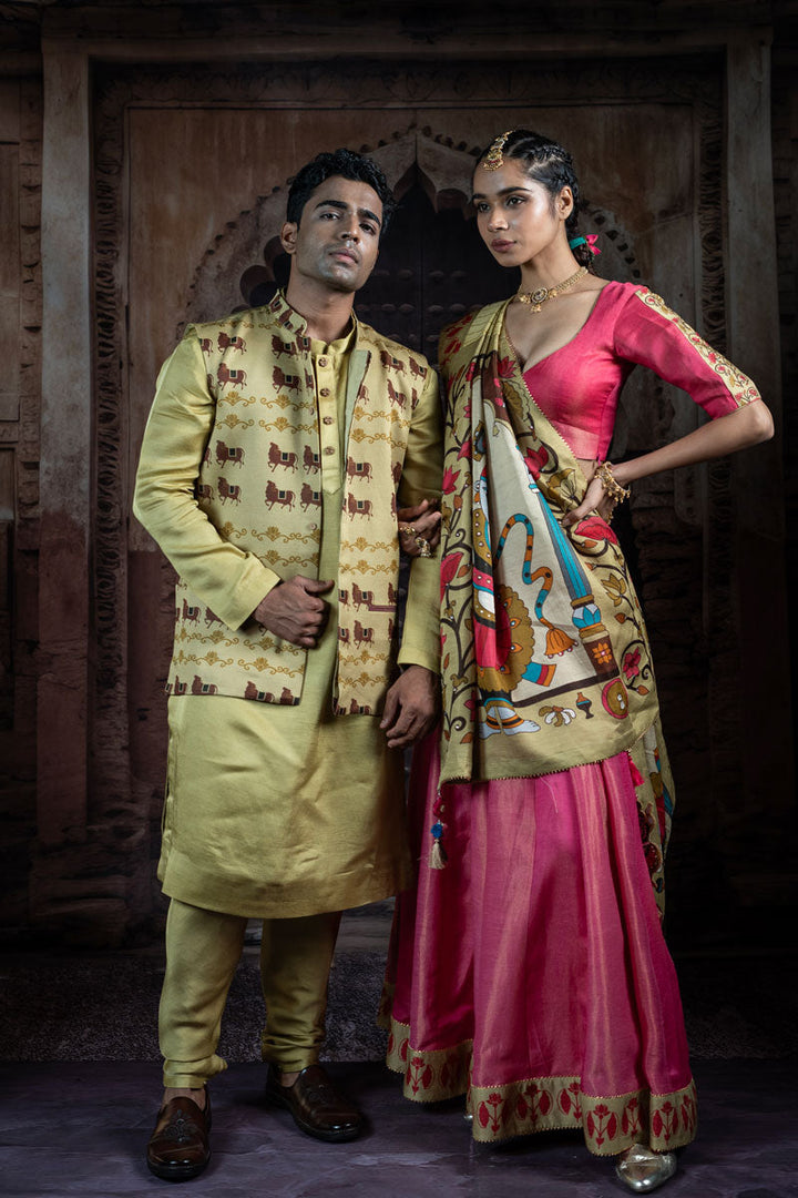 SHRINTAHJI DARBAR CHNADERI GULABI LEHENGA SET ( SET OF 3 )