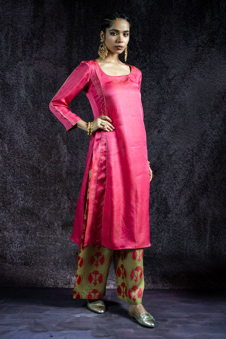 KUNDAN GULABI METALLIC SET OF 2 - KURTA + PALAZZO | SHOBITAM