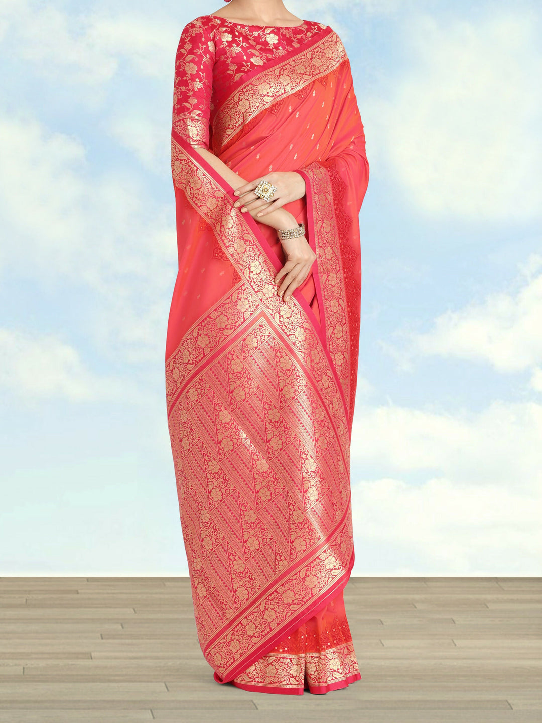 Banarasi Silk Coral Pink Color Weaving Saree  | SHOBITAM