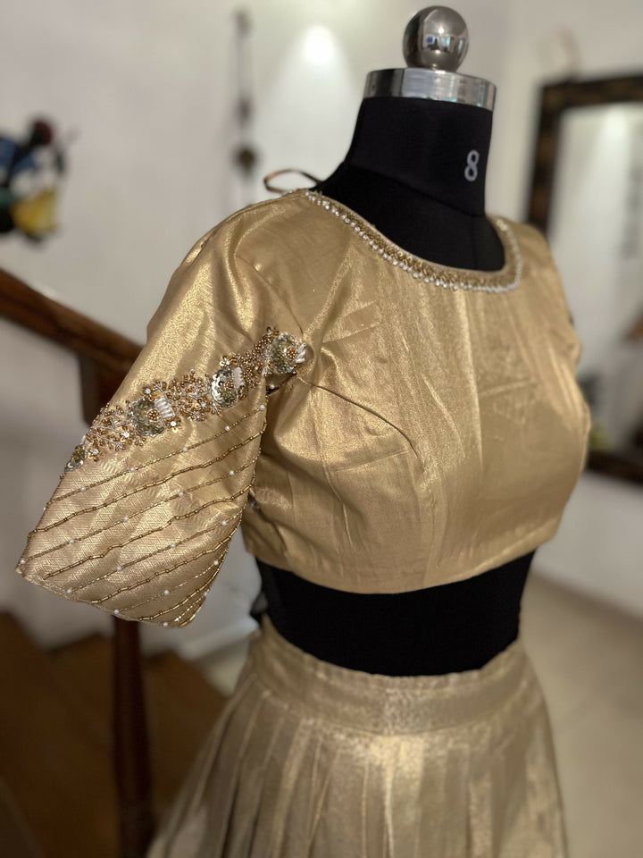 Gold Semi Kanchi half saree Davani /Lehenga Sets with Hand Embroidery Blouse