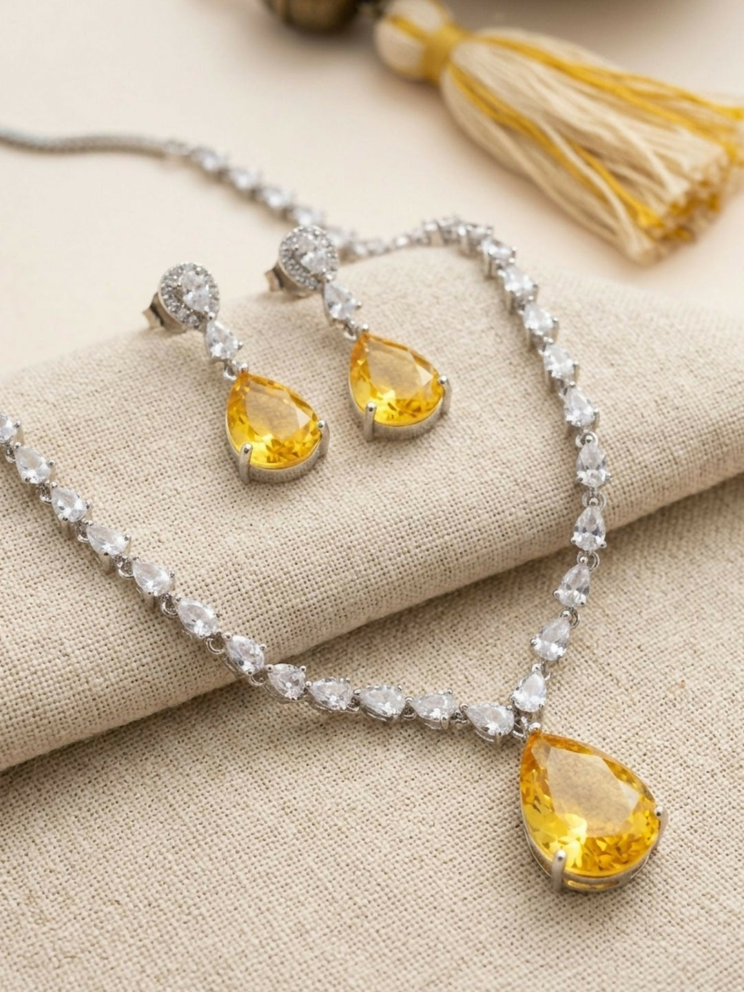 Silver Plated Drop American Diamond Necklace Set | SHOBITAM