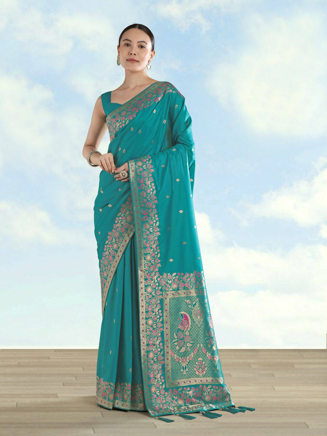 Turquoise Semi Banarasi Satin silk Saree With Zari Border And Butti Work | SHOBITAM