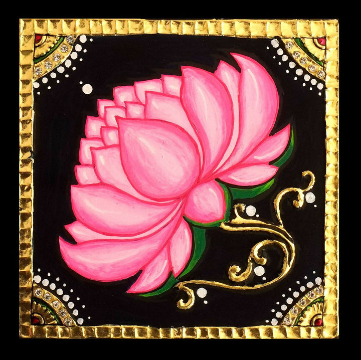 5*5 TANJORE PAINTING FLOWER Authentic With 22 Ct Gold Foil and Jaipur Gemstones,Unframed | SHOBITAM