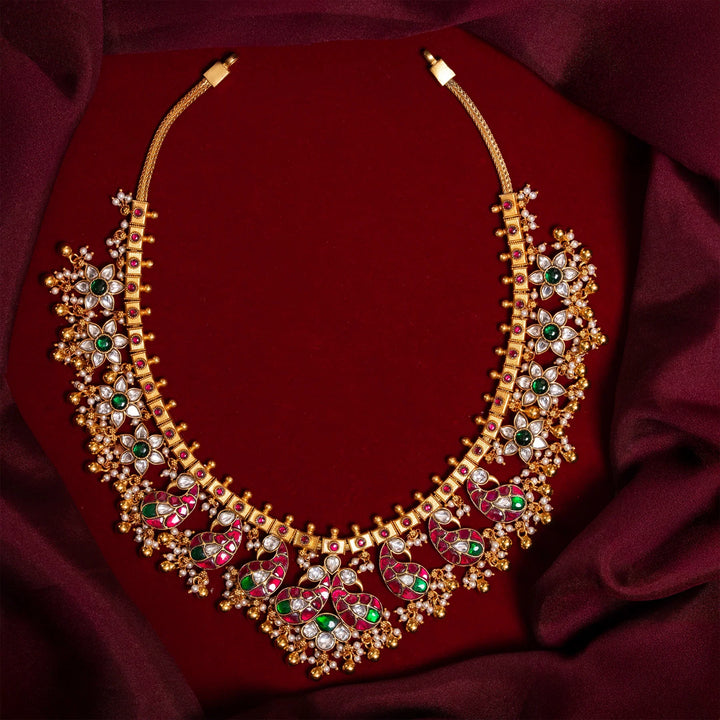 Stunning 92.5 Silver, Gold Plated Morika Phool Short Necklace