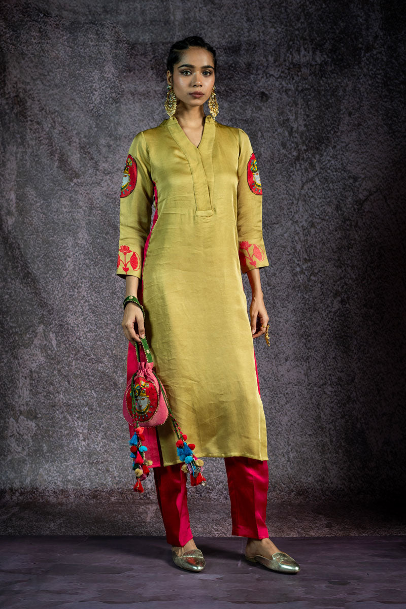PADMA SAAJ PISTA METALLIC KURTA + SALWAR+ DUPATTA (SET OF 3) | SHOBITAM