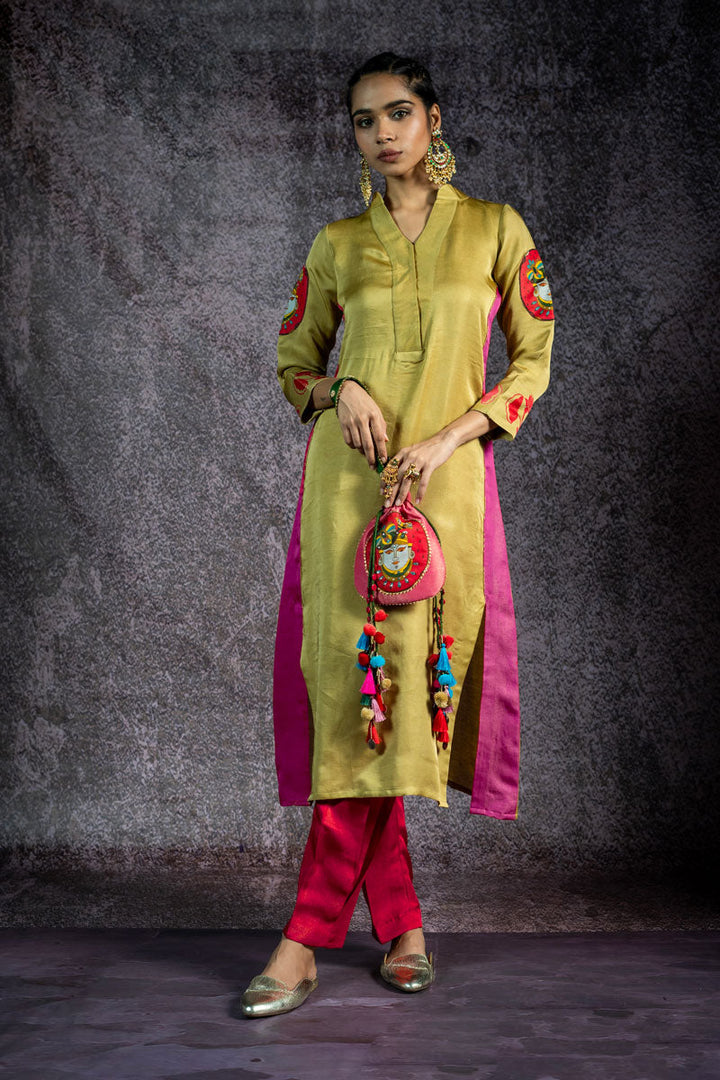PADMA SAAJ PISTA METALLIC KURTA + SALWAR+ DUPATTA (SET OF 3) | SHOBITAM
