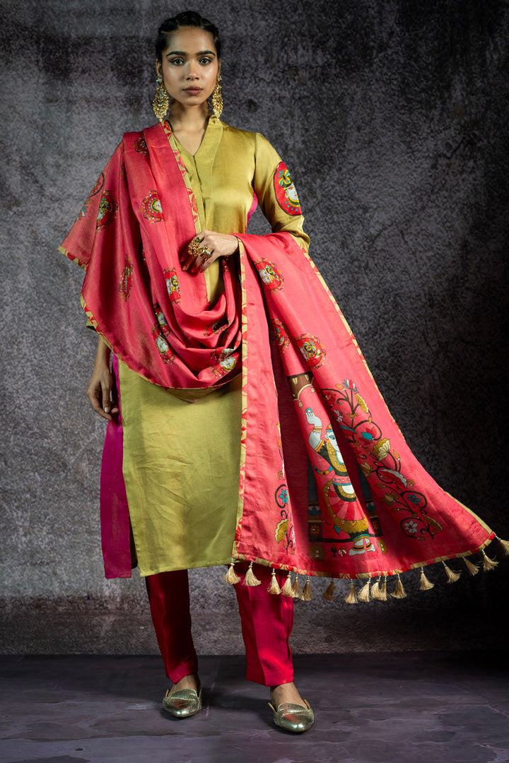 PADMA SAAJ PISTA METALLIC KURTA + SALWAR+ DUPATTA (SET OF 3) | SHOBITAM