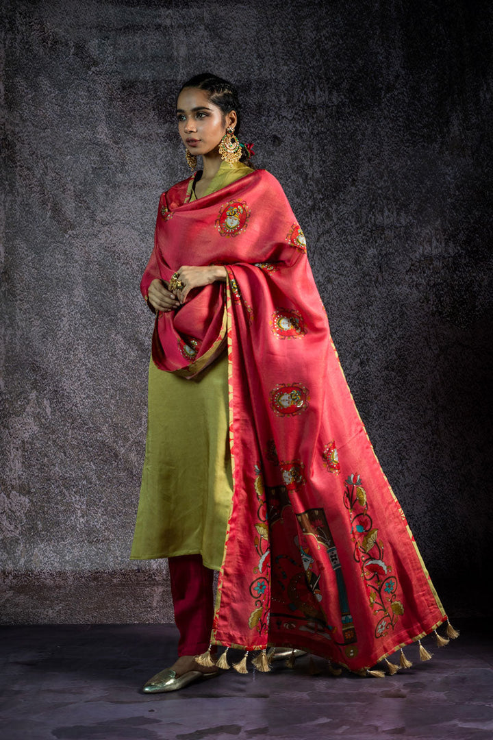 PADMA SAAJ PISTA METALLIC KURTA + SALWAR+ DUPATTA (SET OF 3) | SHOBITAM