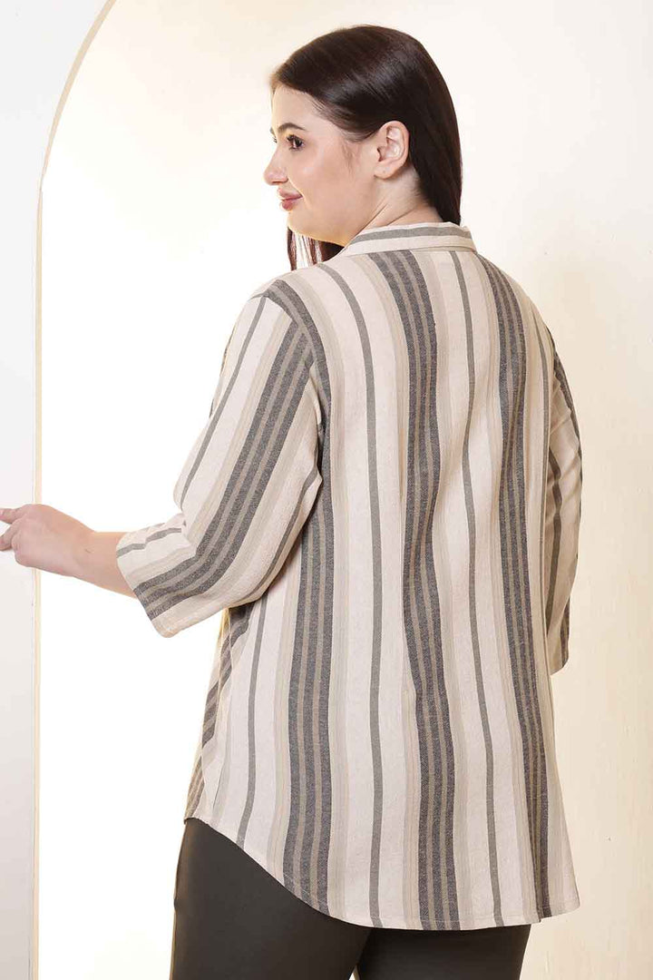 Plus Size Olive Striped Cuban Collar Cotton Shirt  | Made to Order
