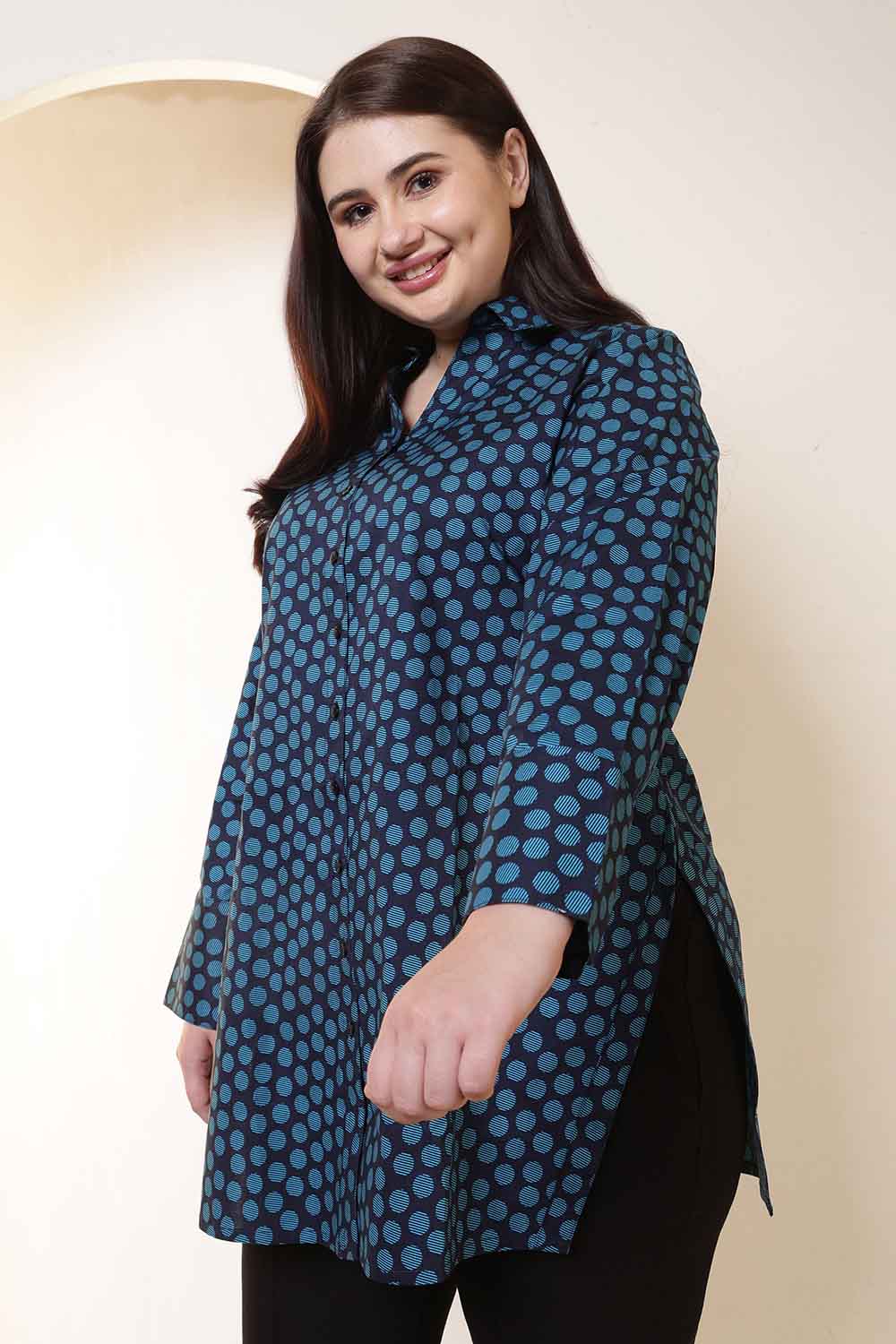 Plus Size Navy & Teal Polka Print High Slit Styled Cuff Cotton Shirt  | Made to Order