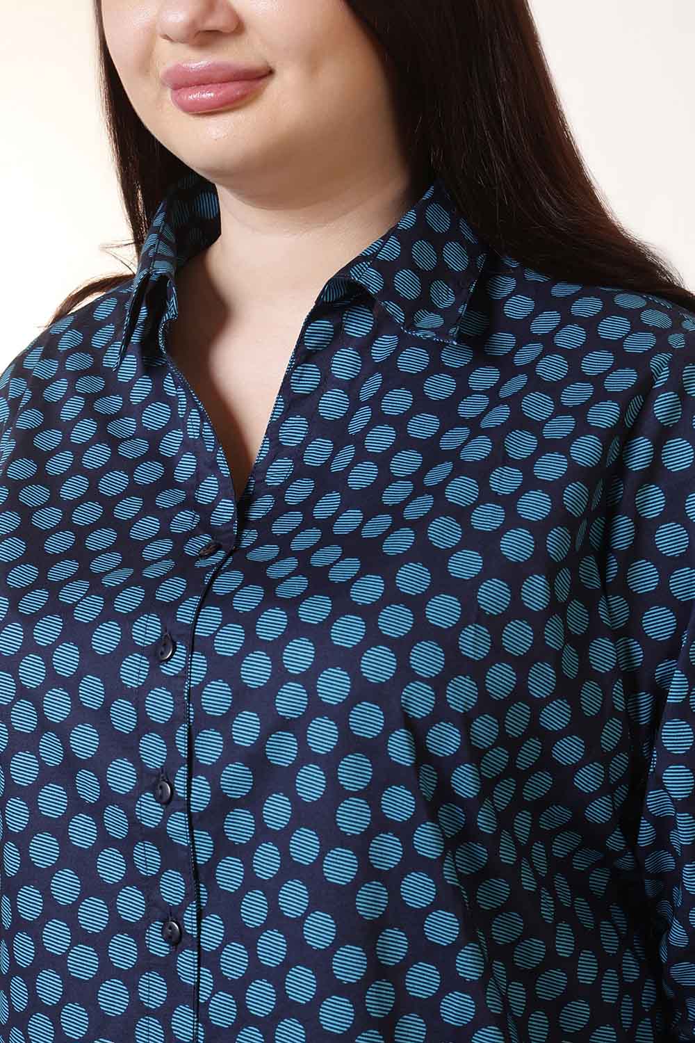 Plus Size Navy & Teal Polka Print High Slit Styled Cuff Cotton Shirt  | Made to Order