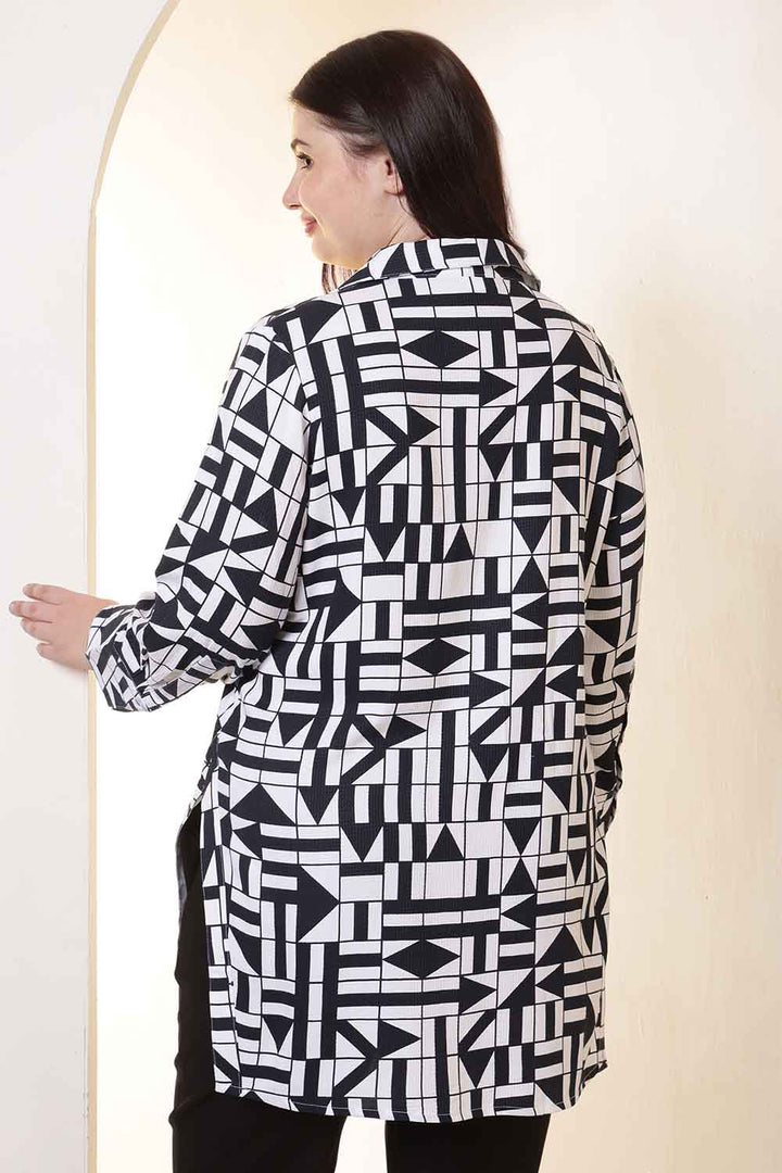Plus Size Black & White Geometric Print High Slit Styled Cuff Cotton Shirt  | Made to Order
