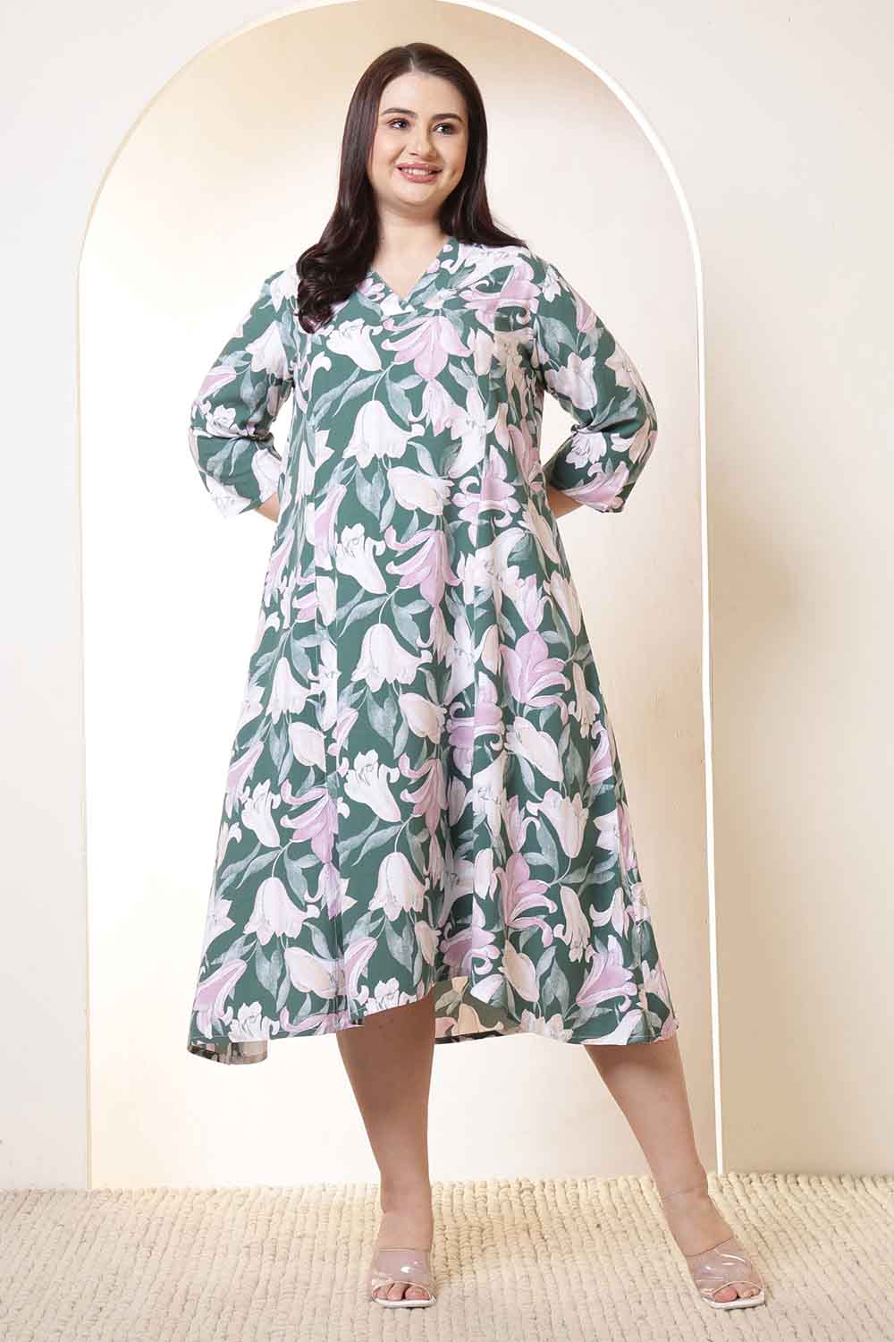 Plus Size Green & Pink Flower Print Rayon Midi Dress  | Made to Order