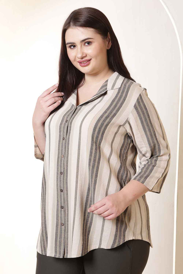 Plus Size Olive Striped Cuban Collar Cotton Shirt  | Made to Order