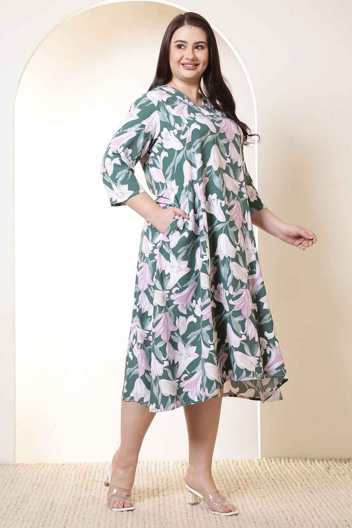 Plus Size Green & Pink Flower Print Rayon Midi Dress  | Made to Order