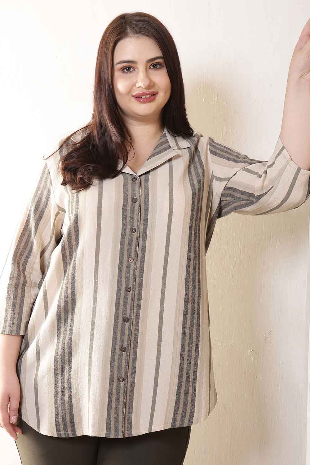 Plus Size Olive Striped Cuban Collar Cotton Shirt  | Made to Order