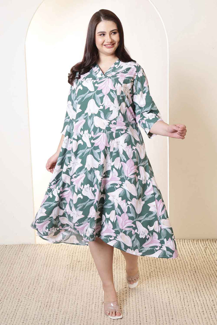 Plus Size Green & Pink Flower Print Rayon Midi Dress  | Made to Order