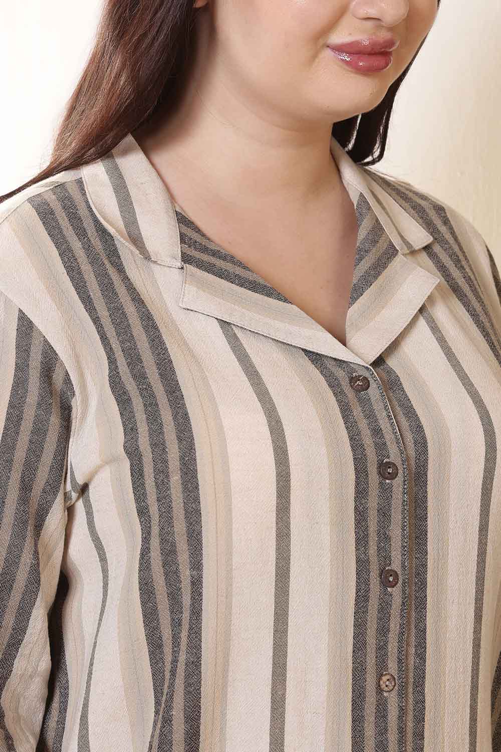 Plus Size Olive Striped Cuban Collar Cotton Shirt  | Made to Order
