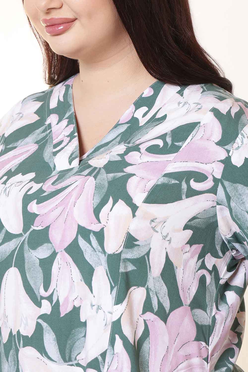 Plus Size Green & Pink Flower Print Rayon Midi Dress  | Made to Order