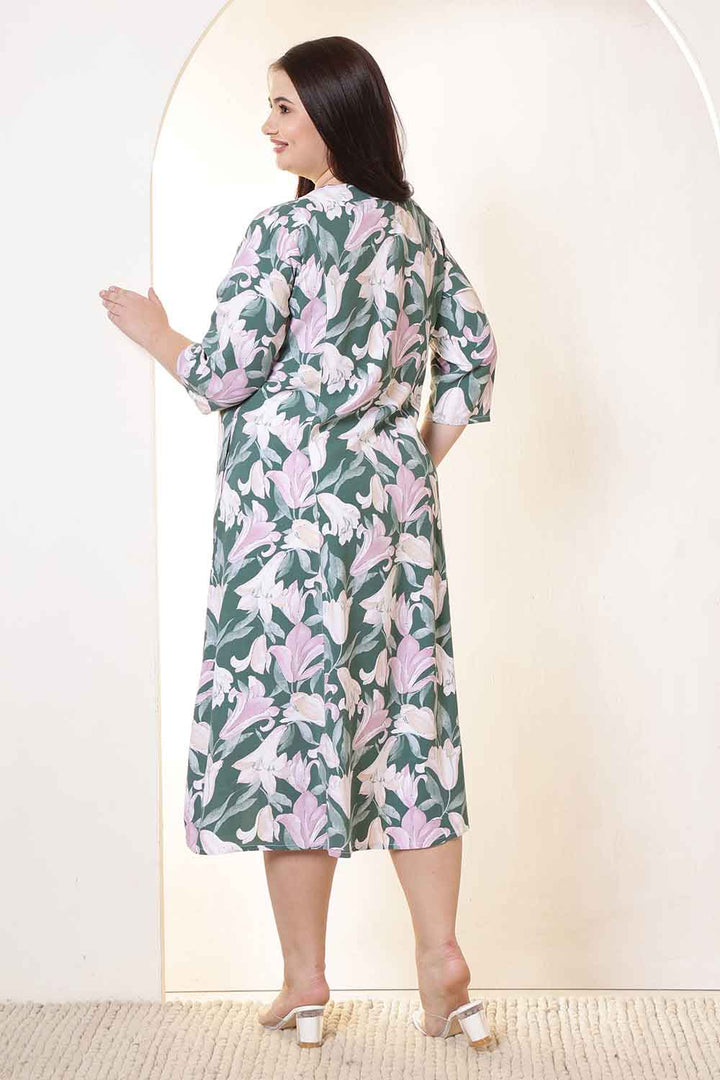 Plus Size Green & Pink Flower Print Rayon Midi Dress  | Made to Order