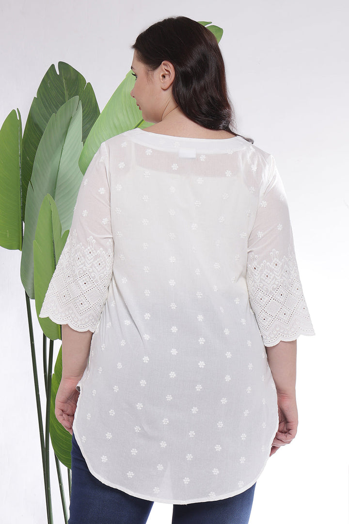 Plus Size White Pure Cotton Eyelet Top WIth V neck and Center Pleat | Made to Order