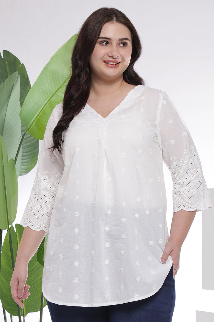 Plus Size White Pure Cotton Eyelet Top WIth V neck and Center Pleat | Made to Order