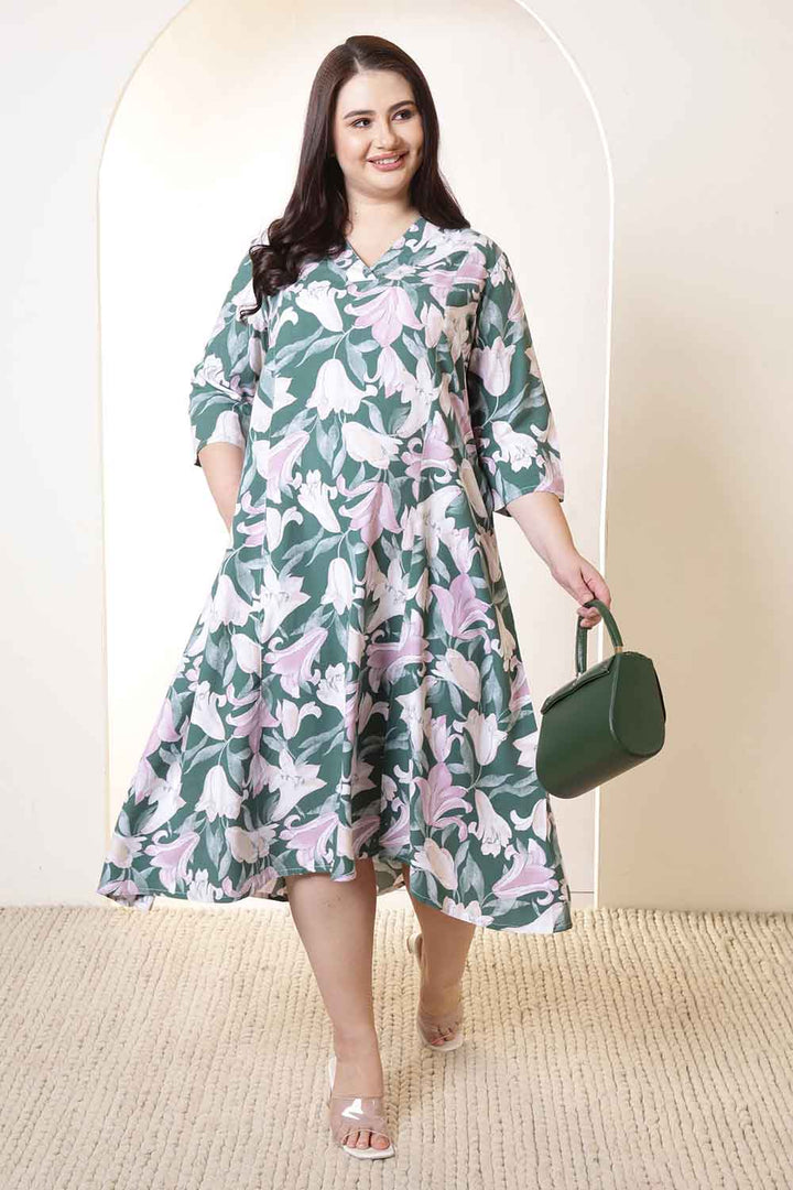 Plus Size Green & Pink Flower Print Rayon Midi Dress  | Made to Order