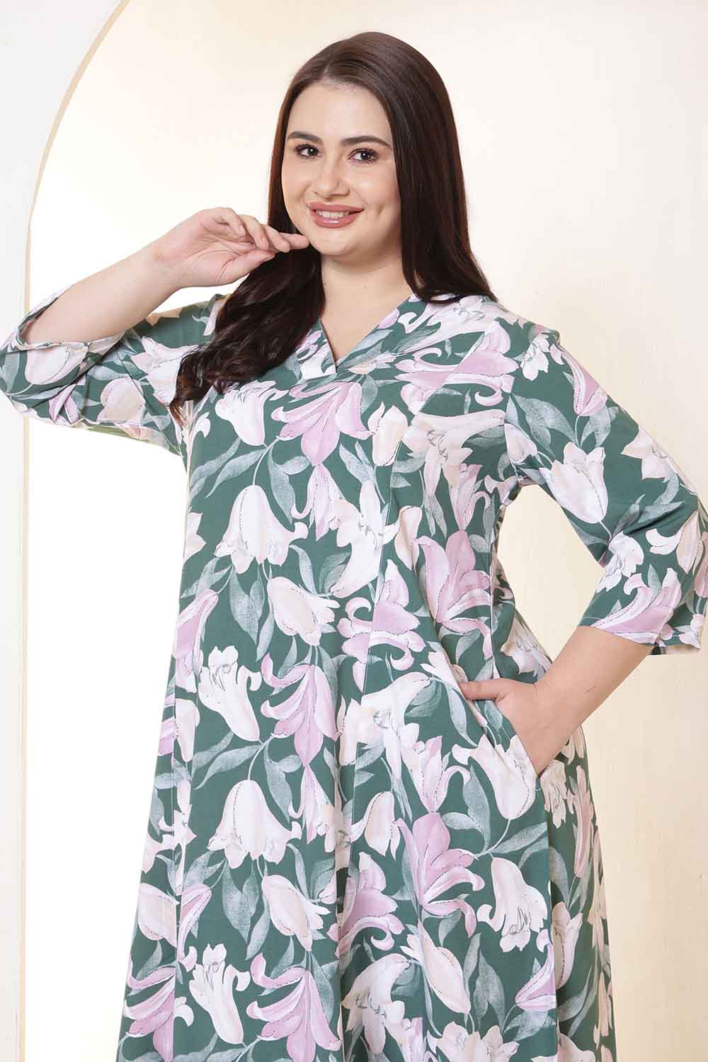 Plus Size Green & Pink Flower Print Rayon Midi Dress  | Made to Order
