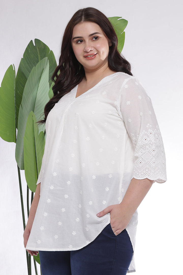 Plus Size White Pure Cotton Eyelet Top WIth V neck and Center Pleat | Made to Order