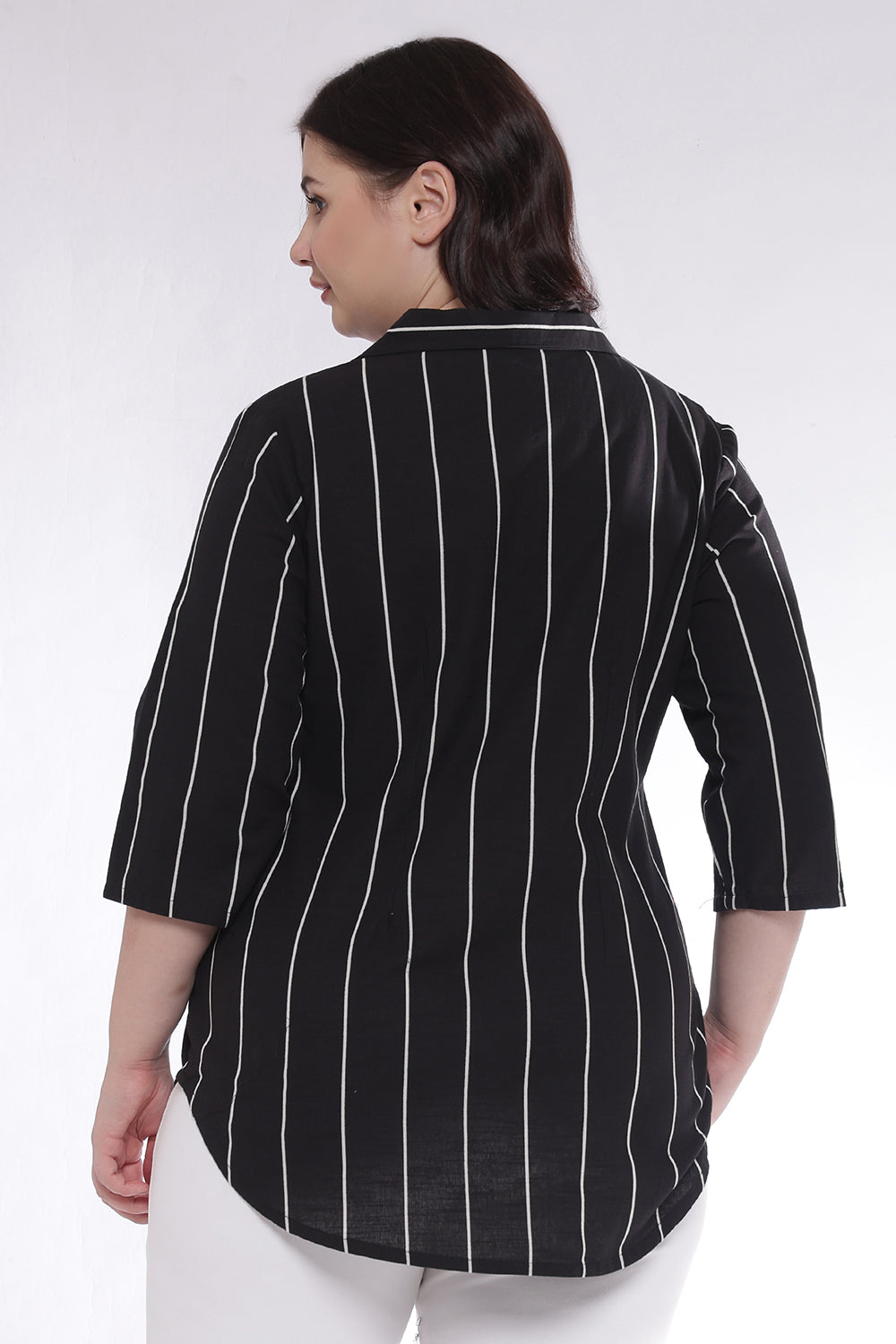 Plus Size Black Vertical Stripes Cuban Collar Cotton Shirt for Women | Made to Order