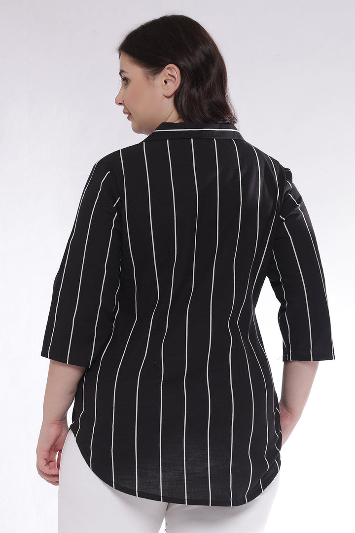 Plus Size Black Vertical Stripes Cuban Collar Cotton Shirt for Women | Made to Order
