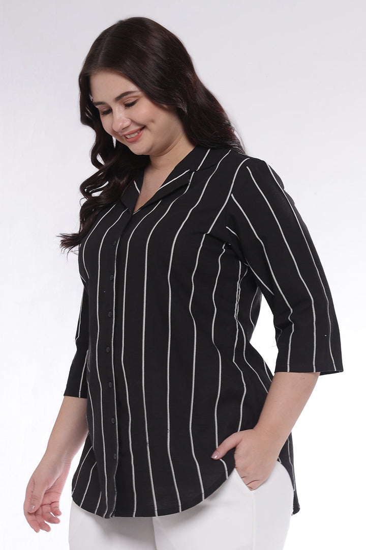 Plus Size Black Vertical Stripes Cuban Collar Cotton Shirt for Women | Made to Order