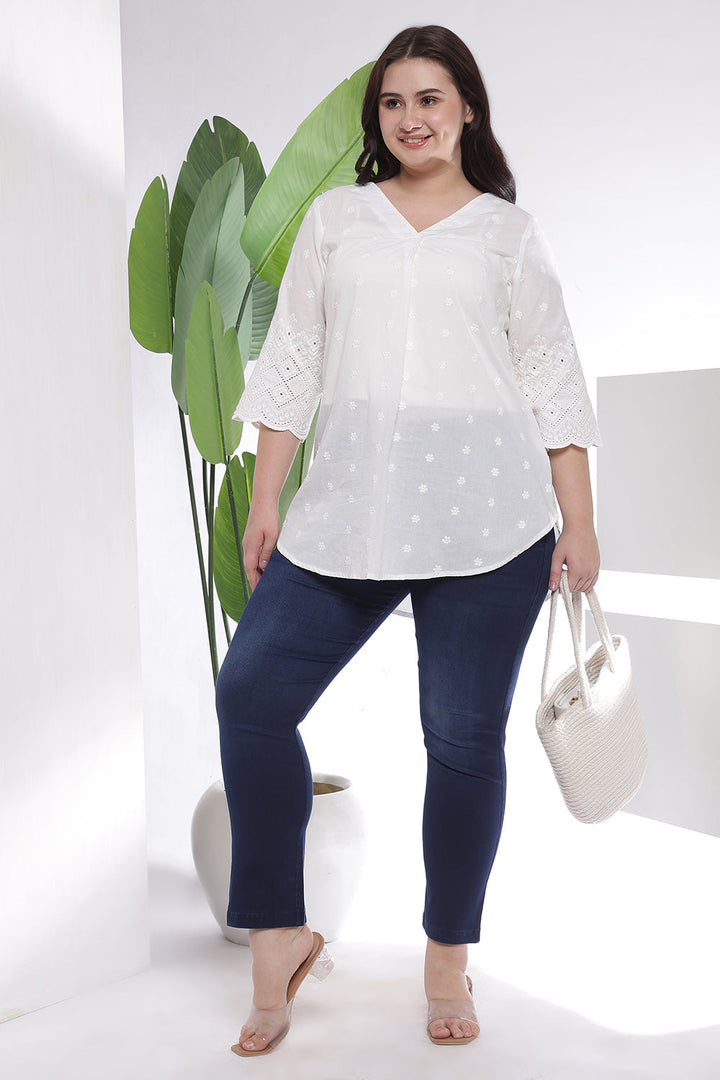 Plus Size White Pure Cotton Eyelet Top WIth V neck and Center Pleat | Made to Order