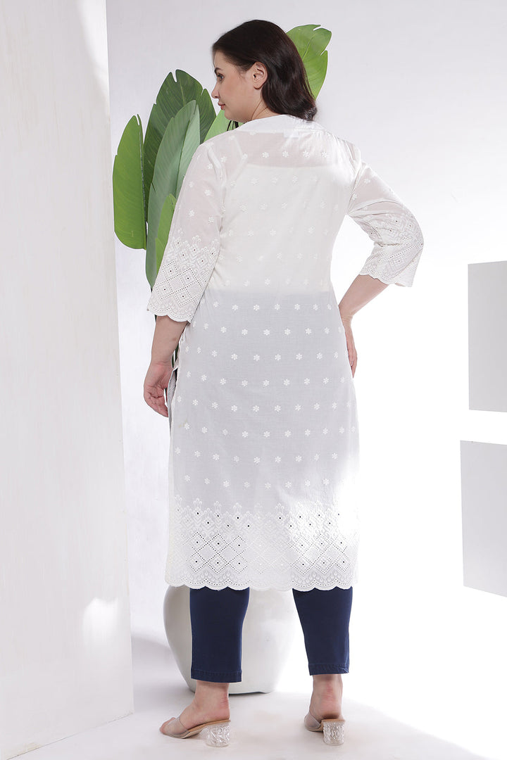 Plus Size White Cotton Eyelet V Neck Kurta For Women | Made to Order