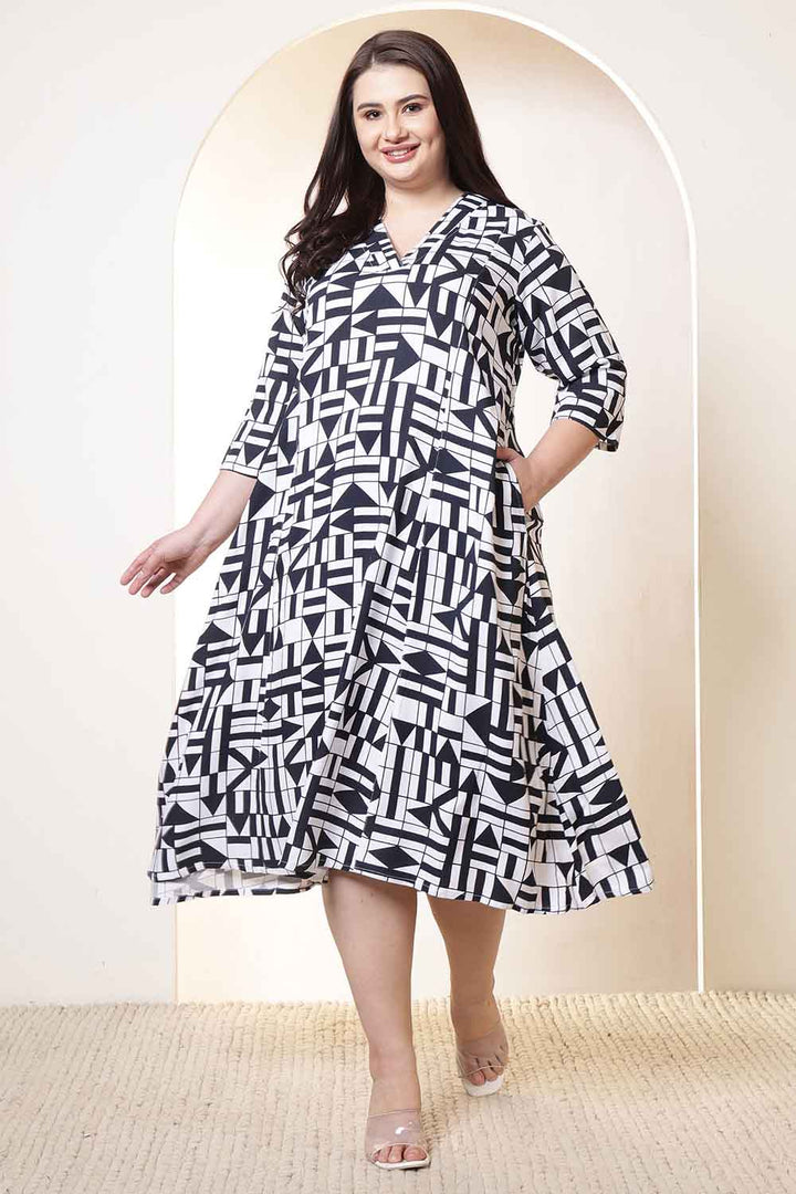 Plus Size Black & White Geometric Print Cotton Midi Dress  | Made to Order