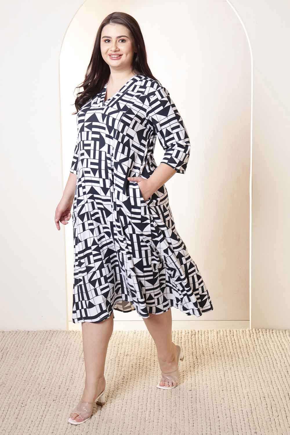 Plus Size Black & White Geometric Print Cotton Midi Dress  | Made to Order