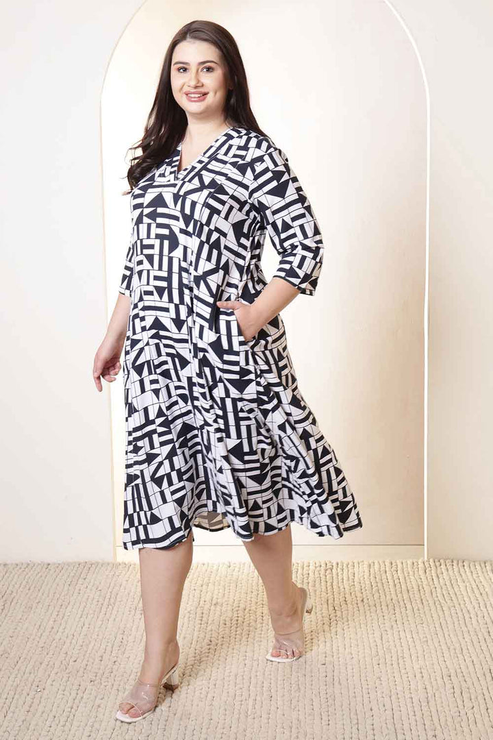 Plus Size Black & White Geometric Print Cotton Midi Dress  | Made to Order