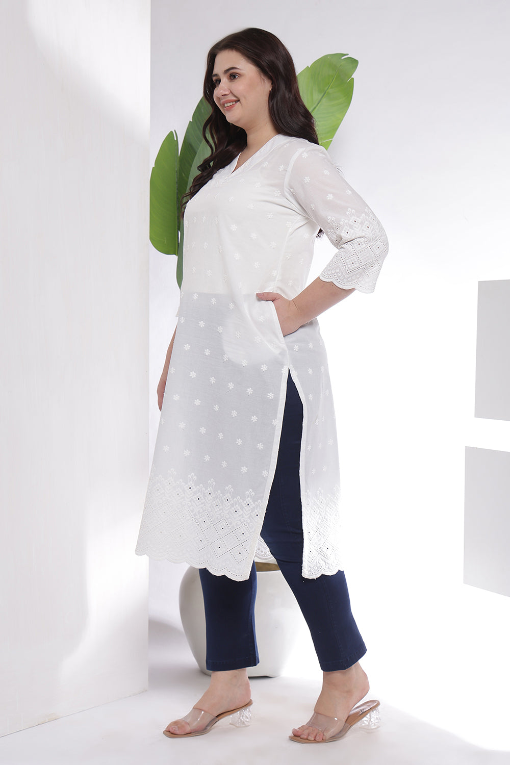 Plus Size White Cotton Eyelet V Neck Kurta For Women | Made to Order