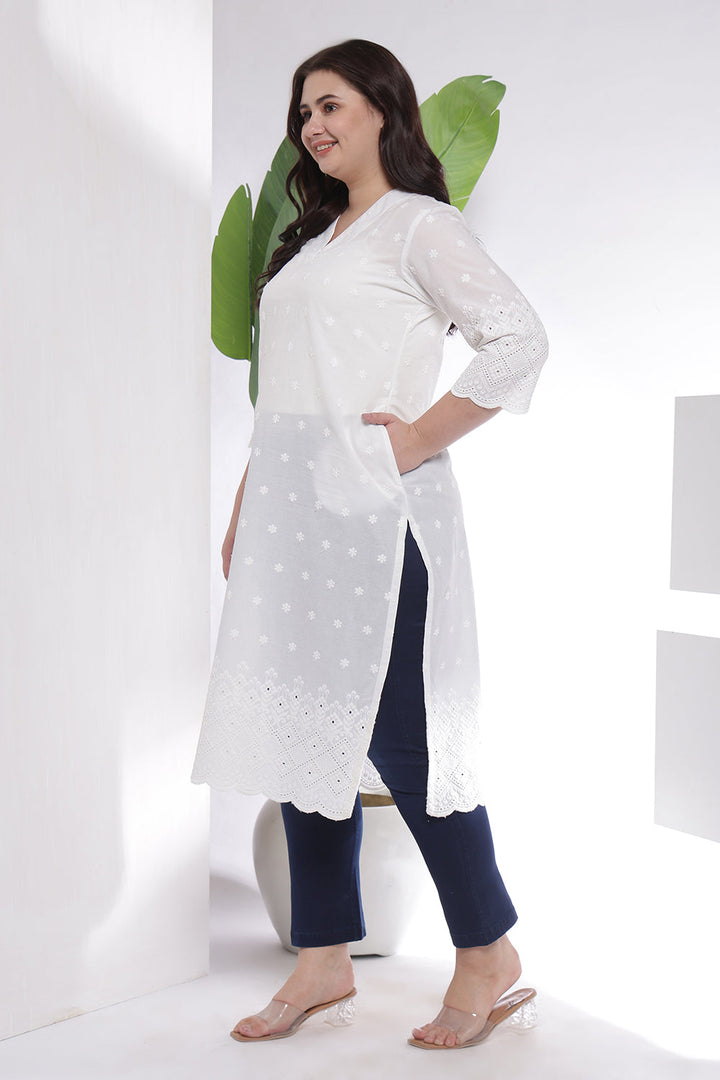 Plus Size White Cotton Eyelet V Neck Kurta For Women | Made to Order
