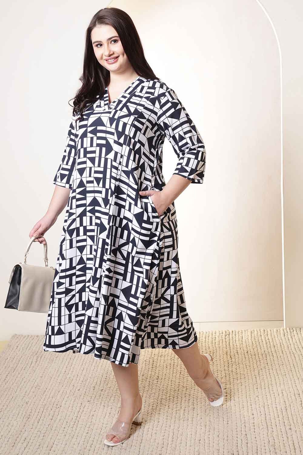 Plus Size Black & White Geometric Print Cotton Midi Dress  | Made to Order